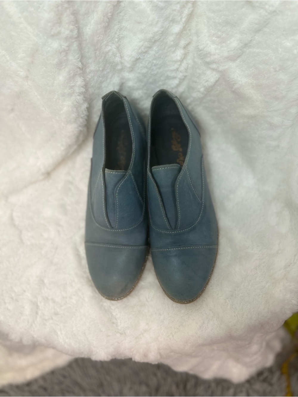 Naughty Monkey Women’s Blue Slip-Knot Leather Loafers with Gold Trim
